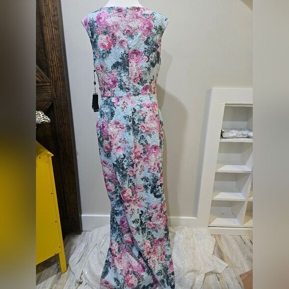 Adrianna Papell Blue/Pink Floral Metallic Jacquard Gown Dress NWT Size 12 - Picture 4 of 6
